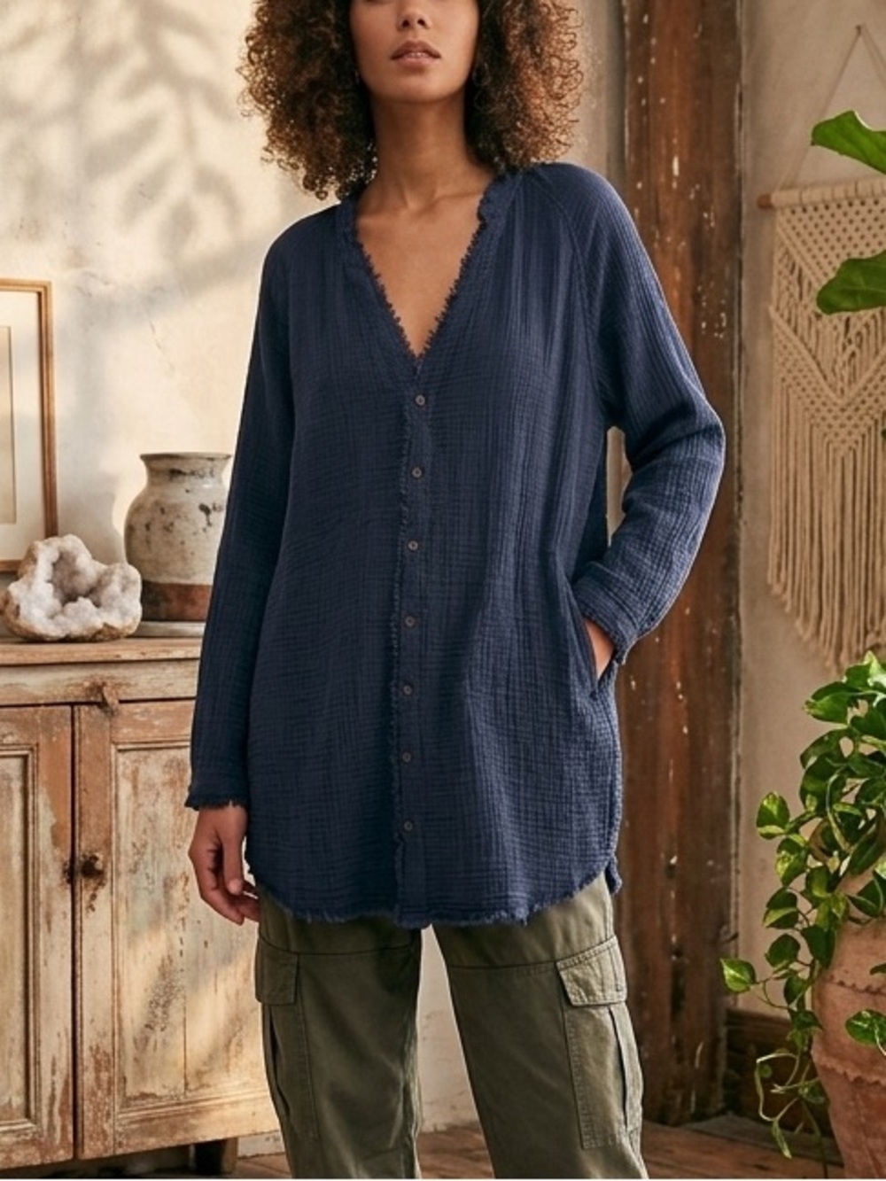 Igenjun Summer Daydream Gauze Button Down Top Cover-Up w/Pockets Navy XL